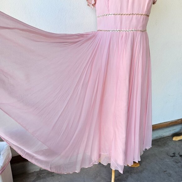 Vintage 60s 70s Light Pink Chiffon Princess Cocktail Evening Dress Gown L Large - Picture 7 of 14
